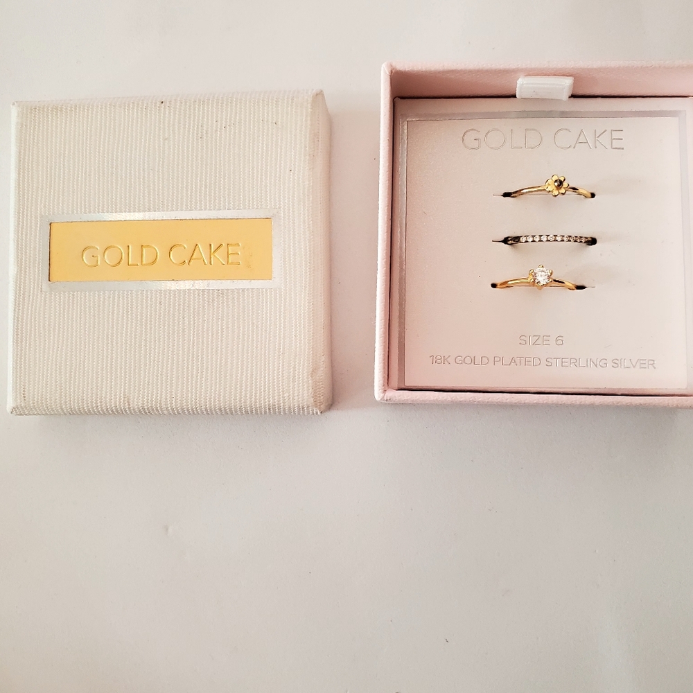 Gold Cake 18K Gold Plated Sterling Silver Dainty Rings Set of 3  Sz 6 New In Box